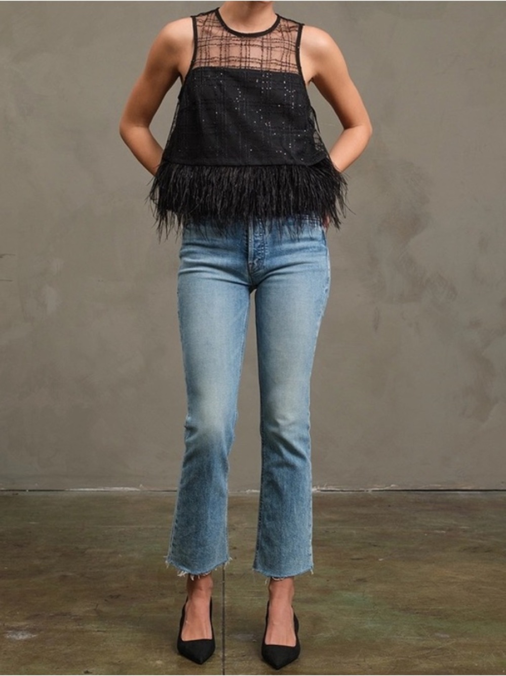 NWT Raisonnel Luxe Feather Trim Sequin Mesh Top Black S - Picture 4 of 16